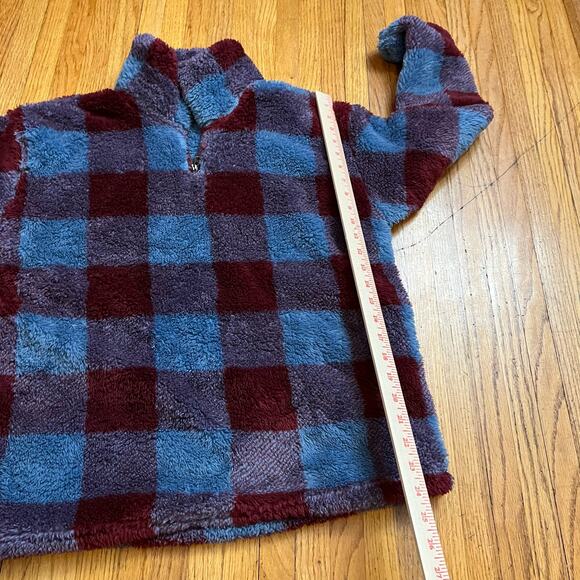Eddie Bauer Fleece Womens Large Ultra Soft Plush Plaid Quarter Zip Blue Maroon - Picture 9 of 9